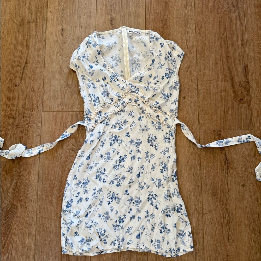 Reformation Wrap Dress in Blue and White